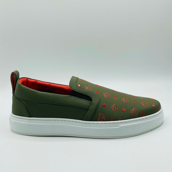 MCM: Moss Green Orange Logo Leather Slip On Sneaker MEX9AMM61G8 main image 3